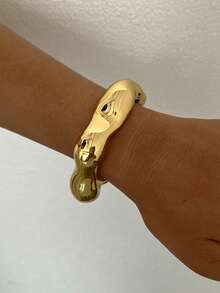 3/1pc Multi-Layer Stackable Fashion Minimalist Elegant Exquisite Vintage Design Geometric Ribbon Wave Disc White Oil Drop Patchwork Metal Style Exaggerated Wide Chunky Bracelet Set, Holiday Vacation Party Date Gift, Daily Commute Wear, Personalized - Yellow Gold - View 5