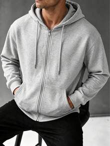 Men's Light Gray Full Zip Hoodie Sweatshirt, Autumn/Winter Casual Hooded Jacket With Kangaroo Pocket, Minimalist Style - Grey - View 5