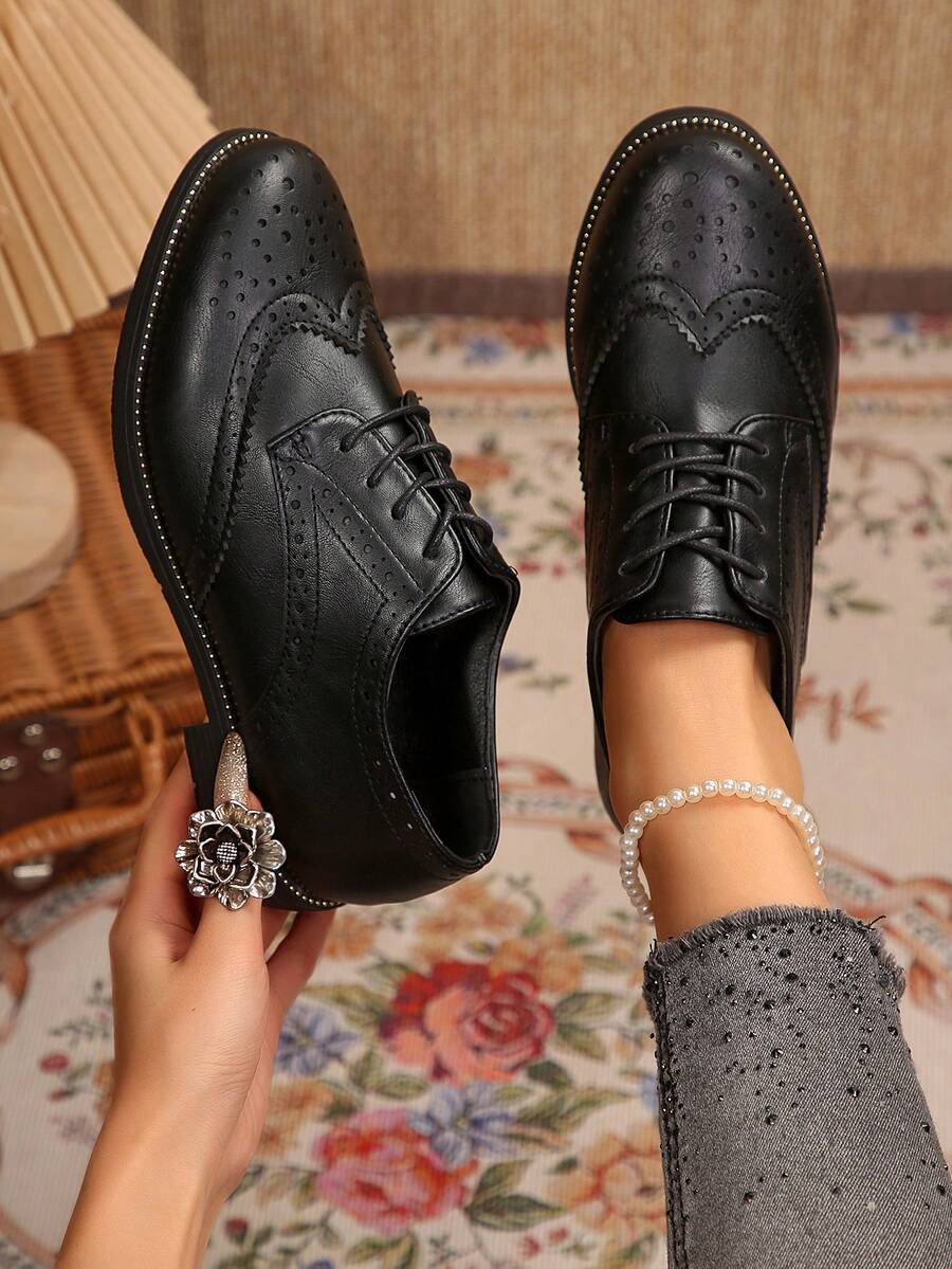 2026 Women's Brogue Oxford Shoes, Classic Lace-Up Chunky Low Heel Dress ...