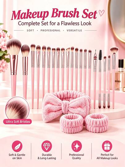 Set Kuas Makeup 23 Buah, Kuas Makeup Profesional dan Ikat Kepala serta Gelang Tangan, Set Alat Makeup Lengkap, Hadiah Makeup, Alat Makeup Lengkap, Set Kuas Makeup, Alat Makeup Lengkap, Set Kuas Makeup, Kotak Hadiah Makeup, Suvenir, Kuas Makeup Profesional, Kombinasi Kuas Makeup Profesional - Termasuk Kuas Alas Bedak, Kuas Bedak Mineral, Kuas Perona Pipi, Kuas Kontur, Kuas Highlighter, Kuas Eyeshadow dan Kuas Detail, Ikat Kepala, Gelang Tangan dan Alat Lainnya. Terbuat dari Bulu Serat Lembut dan Desain Pegangan yang Nyaman, Cocok untuk Perjalanan, Perlengkapan Sekolah, Makeup Sehari-hari dan Hadiah Hari Valentine.