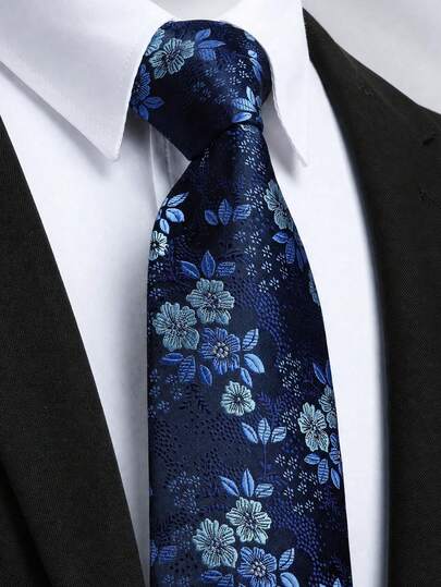 1pc Men's Navy Blue Floral Tie Fashion Wedding Party Tie High Quality High Density Tie