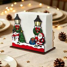 1pc Vintage Street Lamp Santa Claus Snowman Wooden Napkin Holder, Wreath Bell Mini Christmas Tree Design Desktop Tissue Box, Christmas Holiday Decoration Napkin Rack, Suitable For Kitchen Dining Room Party, Holiday Desktop Tissue Organizer - Multicolor - View 3