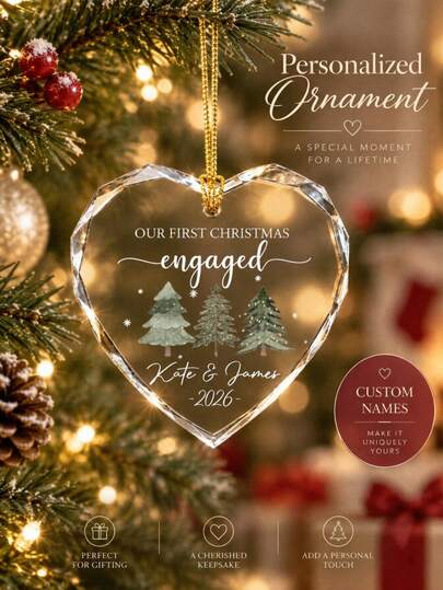 Personalized First Christmas Engagement Ornament, Customized Couple Name Heart Christmas Tree Hanging Decoration, Engagement Gift For Fiancé Fiancée Newlyweds, Romantic Couple Keepsake, Our First Christmas Ornament, Wedding Gift, Christmas Decoration