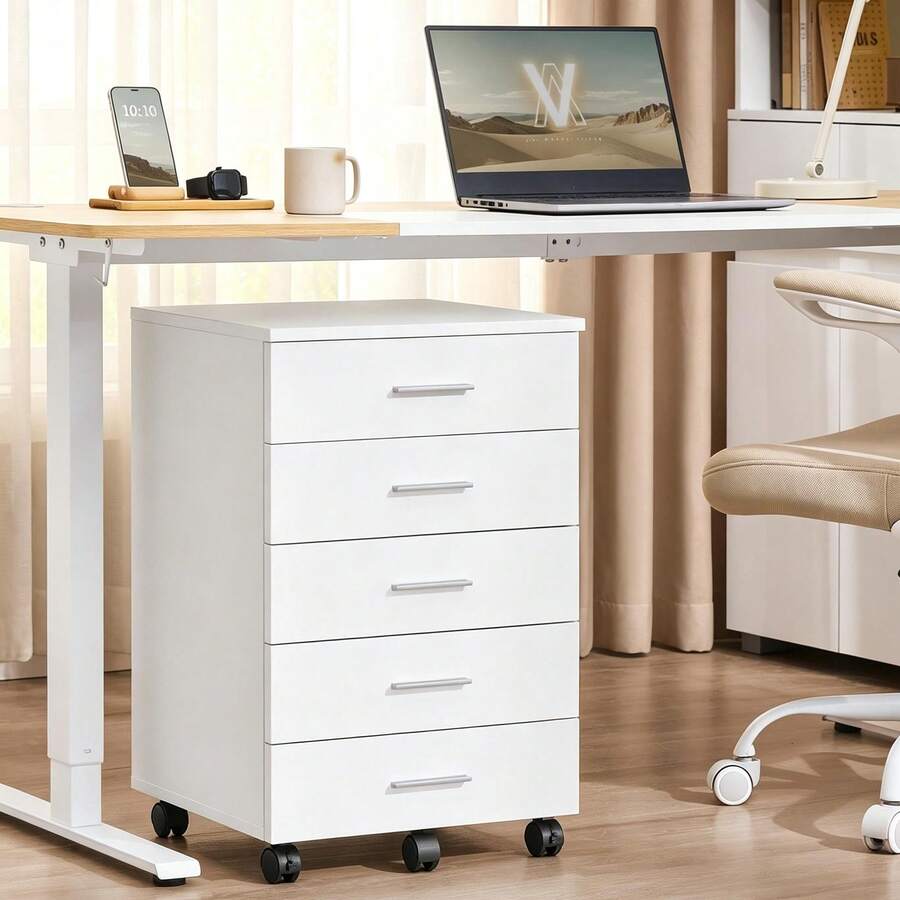 VASAGLE Archivador móvil con Ruedas, Soporte para Impresora con 5 cajones, rieles deslizantes sin Herramientas, para Estudio, Oficina en casa, Blanco Nube - Blanco - Ver 1