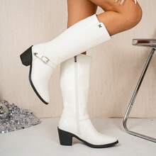 Women's White Western Cowboy Tall Boots, Buckle Side Zipper Chunky Heel, Autumn/Winter Long Boots, Suitable For Concerts, Commuting And Autumn/Winter Outfits - White - View 5