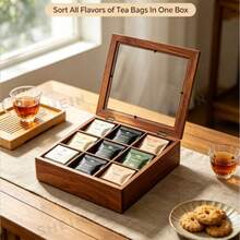 1 pieza Caja de almacenamiento de bolsas de té de madera con 9 compartimentos, organizador de bolsas de té dividido, estante de almacenamiento de té con múltiples ranuras, adecuado para encimera de cocina, estación de café, decoración del hogar, regalo de inauguración de la casa - Marrón - Ver 2