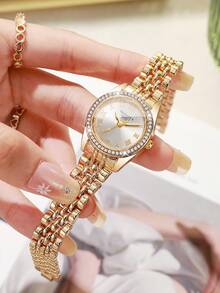 Women's Luxury Rhinestone Roman Numeral Dial Quartz Watch, Elegant Alloy Strap Wristwatch, Gift For Girlfriend (1pc/Set) Watch Box Not Included - Gold - View 4