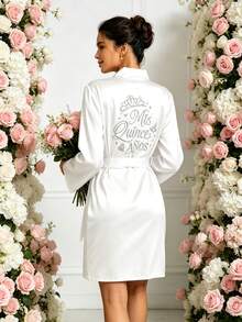 White Satin Long Sleeve Formal Gown (With Silver Embroidery), Suitable For 15-Year-Old Quinceañera Party Preparation - 15-year-old Embroidery - White - View 4