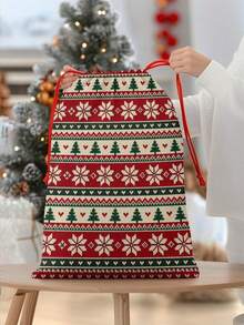 2pcs Red & Green Snowflake Christmas Tree Print Gift Wrapping Bags, Nordic Style Fabric Rectangular Drawstring Gift Sacks With Knit-Look Pattern For Christmas Presents, Party Favors & Holiday Decor - Multicolor - View 7
