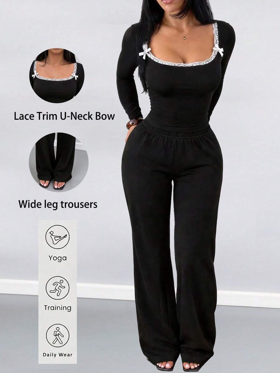 AiTyi Plus Size 2Pcs Women Lace Trim Square Neck Bow Decor Long Sleeve ...