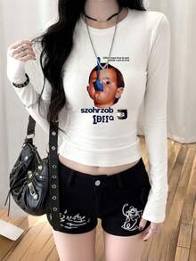 Kaos Wanita Generasi Z Y2K Lengan Pendek Panjang Motif Lucu Musim Semi Musim Gugur Gaya Korea Leher Bulat Serbaguna Kasual Slim Fit - Putih - View 4