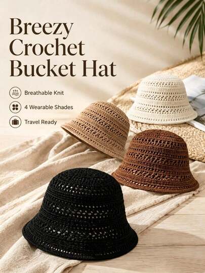 Women's Hollow Woven Bucket Hat, Bohemian Style, Face-Slimming, Breathable And Lightweight, Summer Sun Hat, Suitable For Travel And Beach Vacation