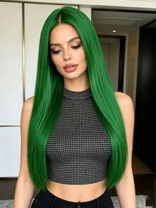 Green 28 Inch Straight Hair Wig For Women, Middle Part No Bangs, Fashionable & Elegant, Soft & Smooth, Suitable For Daily Wear, Halloween Costume, Fits All Women - Green - View 7