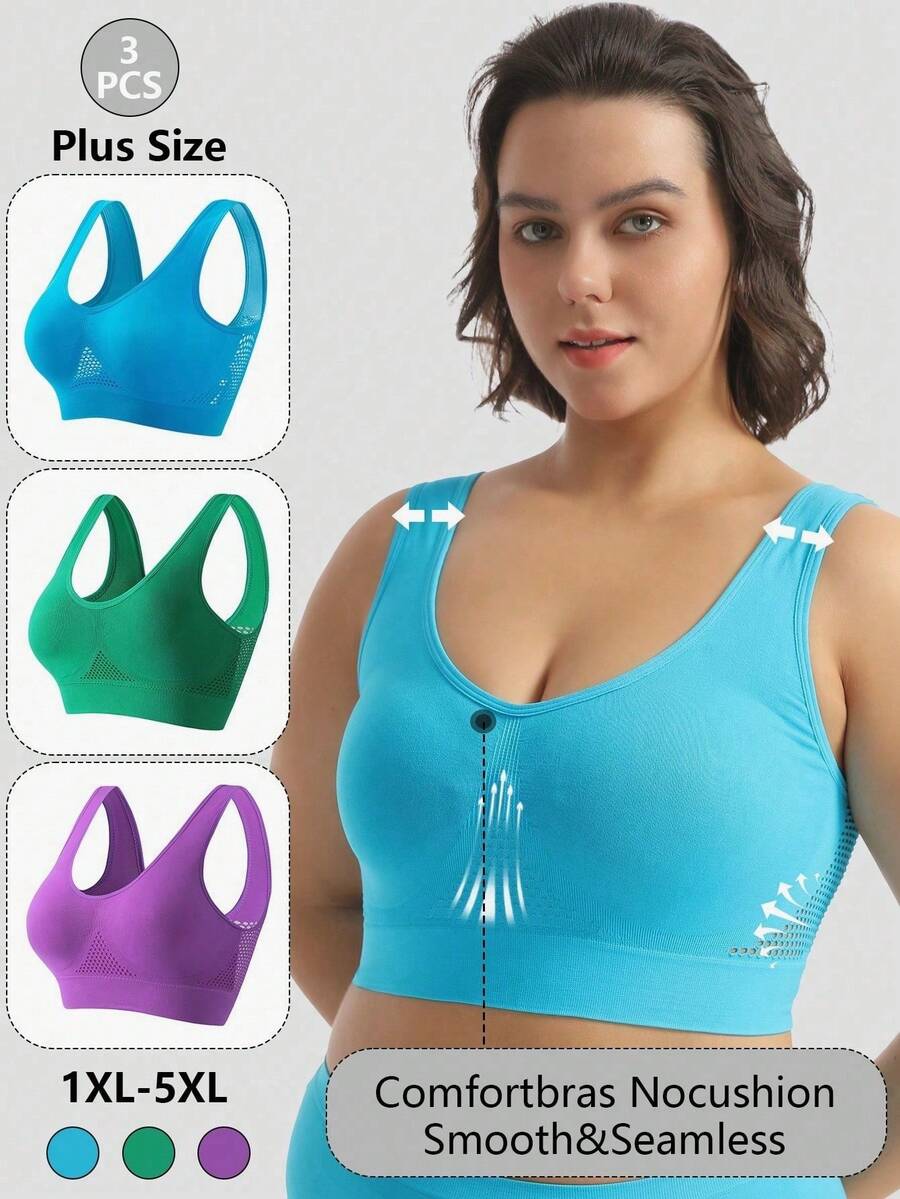 3pcs Women Plus Size Seamless Wireless No Padding Breathable Comfortable Sleep Bra Set[Size Runs Small, Please Order One Size Up] - Multicolor - View 1