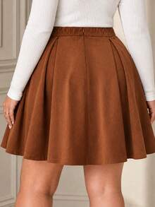 Vintage Style Plus Size Woven Fabric Flared Pleated Knee-Length Skirt - Brown - View 2