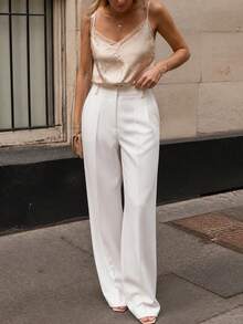 Pantalon femme taille haute plissé jambes larges, pantalon blanc drapé pour le printemps/été, style bureau et vacances - Blanc - Voir 1