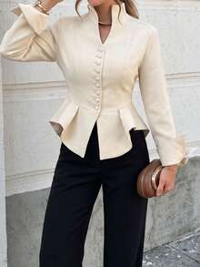 Unadoll Women's Autumn Elegant Stand Collar Single-Breasted Ruffle Trim Blazer, Long Flare Sleeve Slim Fit Formal Jacket, Suitable For Office, Daily And Outings - Off White - View 4