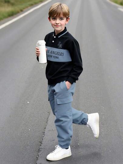 Boys' Long Sleeve Polo Shirt And Long Pants 2 Pieces Set, Letter Print Patchwork Casual Comfortable Cargo Pants With Large Pockets And Cuffed Hem, Fashion Street Outdoor Thick Outfit For Tween Boys, Autumn/Winter