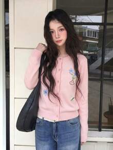 Korean Style Pink Embroidered Floral Knit Cardigan, Round Neck Single-Breasted Short Soft Sweater Jacket - Pink - View 1