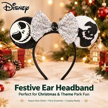Disney Ear Headband, Glitter Sequin Bow Halloween Costume Headband, Gothic Skull Cosplay Accessory - Multicolor - View 1