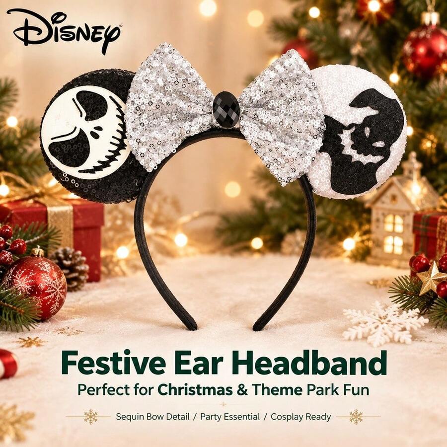 Disney Ear Headband, Glitter Sequin Bow Halloween Costume Headband, Gothic Skull Cosplay Accessory - Multicolor - View 1