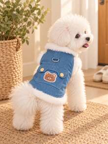Cute Bear Print Double-Layer Fleece Pet Vest - Thickened Warmth, Soft & Comfortable, With Warm Wool Lining, D-Ring Chest Strap, Cute Bear Design - Winter Pet Jumpsuit (Blue) - Blue - View 8