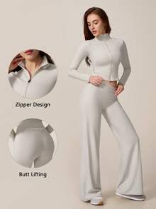 TimeOff Women's One Set Autumn/Winter Solid Color Stand Collar Jacket & High Waist Straight Leg Wide Leg Pants - Apricot - View 10