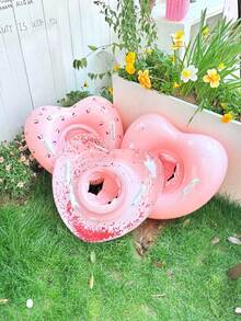 1pc Kids Heart-Shaped Inflatable Swim Seat Float, Pink Cherry Print & Glitter Transparent Dual Design, With Handles Anti-Flip Swim Ring, Children's Pool Water Swimming Training Equipment - Multicolor - View 6