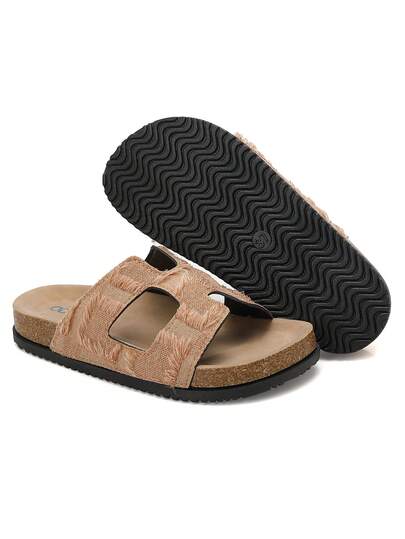 Women Black White Swirl Marble Print Hollow Double Band Cork Slide Sandals Casual Flat Slip‑On Summer Beach Slippers