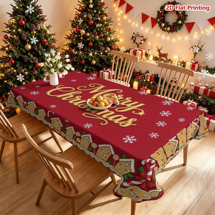 1pc Red Christmas Themed Tablecloth, Decorated With Gingerbread House, Candy Cane, Snowflake, Gingerbread Man Patterns, Central Gold Handwritten Merry Christmas Text, Border Surrounded By Holiday Elements, Suitable For Dining Table Decoration, Kitchen Countertop Arrangement, Picnic Camping Mat, Party Scene Creation, Farmhouse Style Accent, Desktop Holiday Atmosphere Enhancement And Christmas Overall Decoration. - Multicolor - View 16
