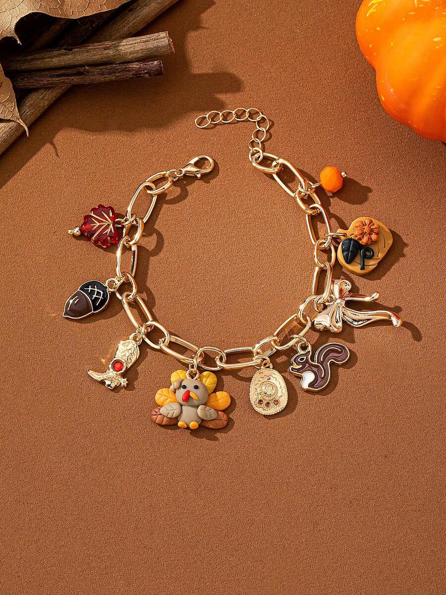 1pc Women's Gold-Plated Pendant Bracelet, Squirrel Acorn Maple Leaf Autumn Thanksgiving Theme Exquisite Holiday Jewelry Gift - Turkey Squirrel Bracelet - View 1
