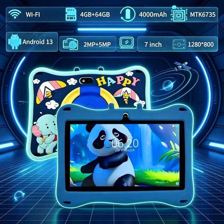 RAM 4GB + ROM 64GB / Tablet 7 Inci / Quad-Core 1.3GHz / Android 13 MTK6735 / Layar IPS HD 1280x800 / Kamera 2MP+5MP / Baterai 4000mAh / WiFi, Kontrol Orang Tua, Edukasi, Gaming / Plastik ABS + Silikon, Tablet Edukasi - Biru - View 7
