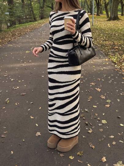 HoloChill Women's Young Influencer Casual Elegant Slim Fit Zebra Print Knit Long Dress, Long Sleeve Boat Neck Slim Fit Midi Dress, Suitable For Casual And Bohemian Style, Versatile Striped Fall/Winter Casual 2026 New Arrival, Women's Autumn/Winter Dress, Women's Party Dress, Women's Autumn/Winter Outfit, Women's Casual Outing Dress, Fall/Winter Luxury Women's Sweater Dress, Christmas