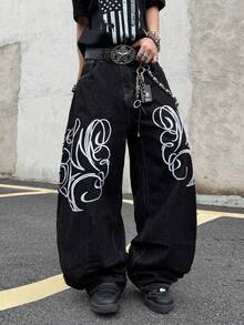 1pc Casual Loose Fit Embroidered Straight Leg Jeans, American Street Style, Suitable For All Seasons, No Belt & Accessories - الأسود - مشاهدة 6