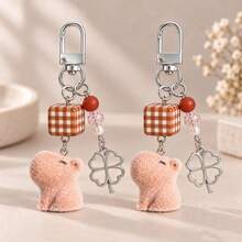 1pc/2pcs Women's Cartoon Flocked Capybara Hanging Ornament With Plaid Square Beads, Hollow Four-Leaf Clover Pendant Keychain, Cute Bag Charm Wallet Accessory - Multicolor - View 2