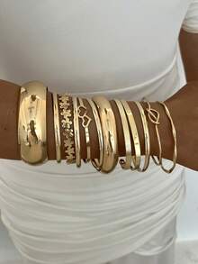 12/6pcs Multi-Piece Stackable Fashion Minimalist Elegant Exquisite Vintage Design Geometric Ribbon Wave Heart Flower Twist Love Text Multi-Element Polished Minimalist Plain Metal Chunky Bangle Bracelet Set, Holiday Vacation Party Date Gift, Daily Commute Wear, Personalized - Yellow Gold - View 3