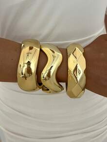3/1pc Multi-Piece Stackable Fashion Minimalist Elegant Exquisite Vintage Design Geometric Ribbon Wavy Texture CCB Metal Style Exaggerated Chunky Bracelet Set, Holiday Vacation Party Date Gift, Daily Commute Wear, Personalized - Yellow Gold - View 3