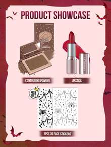 MISSLYN 2pcs Cream Color Lipstick + Contouring Roller Powder + Halloween Sticker Set, Cream Satin Lip Gloss, Smooth Blendable Contouring Powder, Face And Lip Makeup Set, Daily/Party/Y2K, Soft Makeup/Natural Glow/Matte, Halloween Makeup - #158+#1 - View 2
