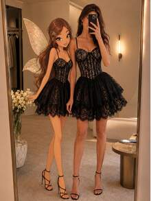 VIPGIRL Black Lace Fitted Corset Mini Dress With Spaghetti Strap, Heart Neckline, Nude Lining, Layered A-Line Short Hem, Formal Cocktail Dress For Prom, Back To School, Party - Black - View 1