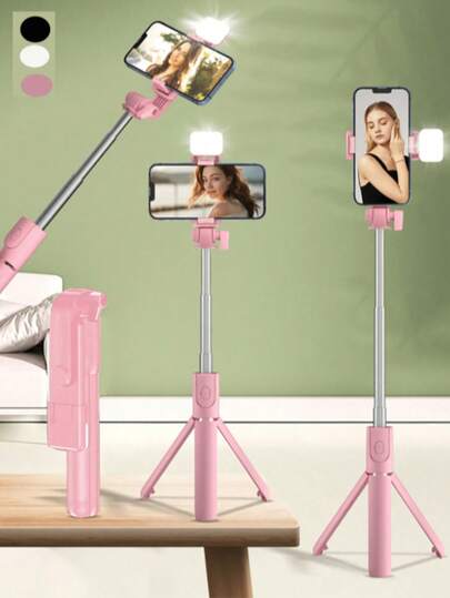1pc Pink Portable Selfie Stick With Wireless Remote Control And Light, Extendable & Portable Phone Tripod With Remote, For Photography & Video Recording, For Live Streaming Compatible With Iphone Android Phone For Travel, Outdoor Activities
