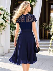 Summer Elegant Noble Lace Patchwork Layered A-Line Skirt Midi Dress For Women, Perfect For Formal Occasions And Parties - Navy Blue - View 5