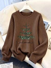 Women's Plus Size Long Sleeve Pullover Sweater, Vintage Hand-Painted Sleigh & Christmas Tree Print, Loose Casual Top, Suitable For Autumn/Winter - Dark Ochre - View 8
