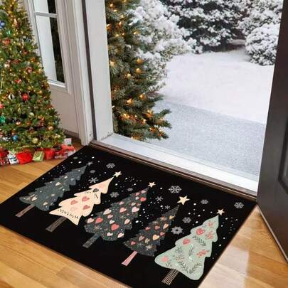 1pc, Holiday Christmas Tree Welcome Mat, Christmas Tree & Snowflake Pattern, Christmas Gift, Christmas Decoration, Christmas, Non-Slip, Machine Washable, Durable - Perfect For Home, Holiday Decor, Entrance, Living Room, Balcony Outdoor Space!