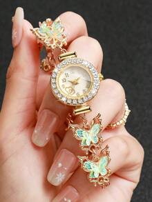 Girl Style Butterfly Decor Bracelet Watch, Full Rhinestone Bezel Gold Thin Chain Quartz Wristwatch, Party Accessory, Gift For Girlfriend (1pc/Set) Watch Box Not Included - Green - View 6