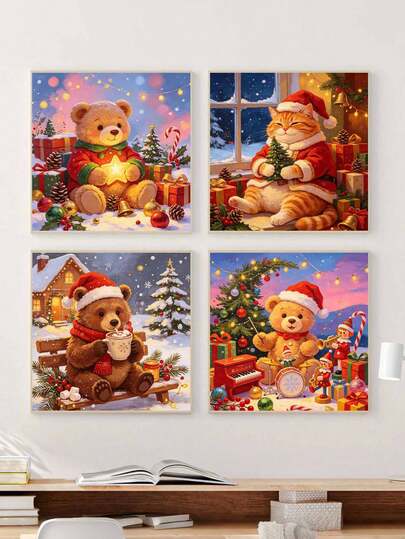 1/4pcs DIY Christmas Animal Theme Number Painting, Adult Beginner Handmade, Canvas Art Wall Decor, Christmas Holiday Gift