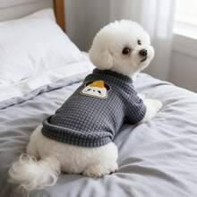 1PC Waffle Knit Dog T-Shirt, Cute Cartoon Panda Patch Half High Collar Pet Short Sleeve Shirt, Soft Stretchy Daily Clothes For Small Dogs Bichon Maltese Poodle - Dark Grey - View 2