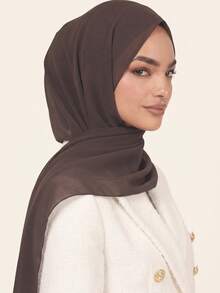 1pc Women's Solid Color Pearl Chiffon Soft Headscarf, Arabic Casual Long Scarf, Conservative Solid Color Headwrap, Suitable For Middle East Daily Use - Latte - View 4
