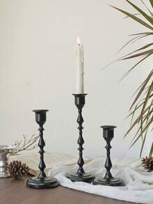 3pcs Matte Black Vintage Metal Taper Candle Holders, Desktop Decor Candle Holders, Suitable For Dark-Toned Home, Wedding And Holiday Party Tabletop Decoration, Candles Not Included - A - View 6