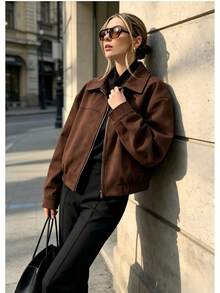 Women's Lapel Zip-Up Polyester Shacket, Long Sleeve Regular Length, Suitable For Autumn/Winter Wear - Brown - View 3