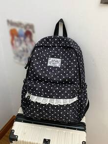 Polka Dot Lace Decor Daypack + Multi Pocket & Lightweight + School Daily Commute + White Black Dots Adjustable Strap Casual Backpack - Multicolor - View 5